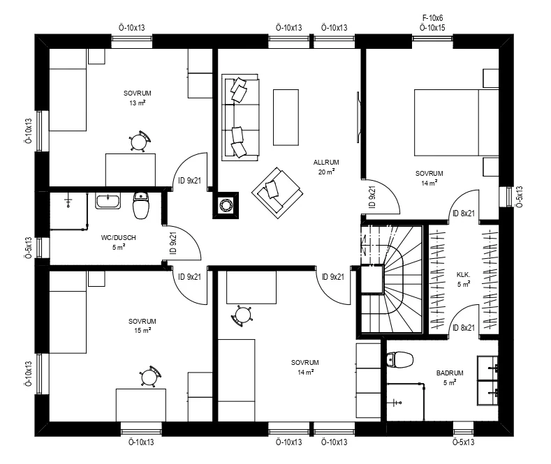 Planritning Villa Terra — övre plan med fyra sovrum, allrum, badrum och WC/dusch